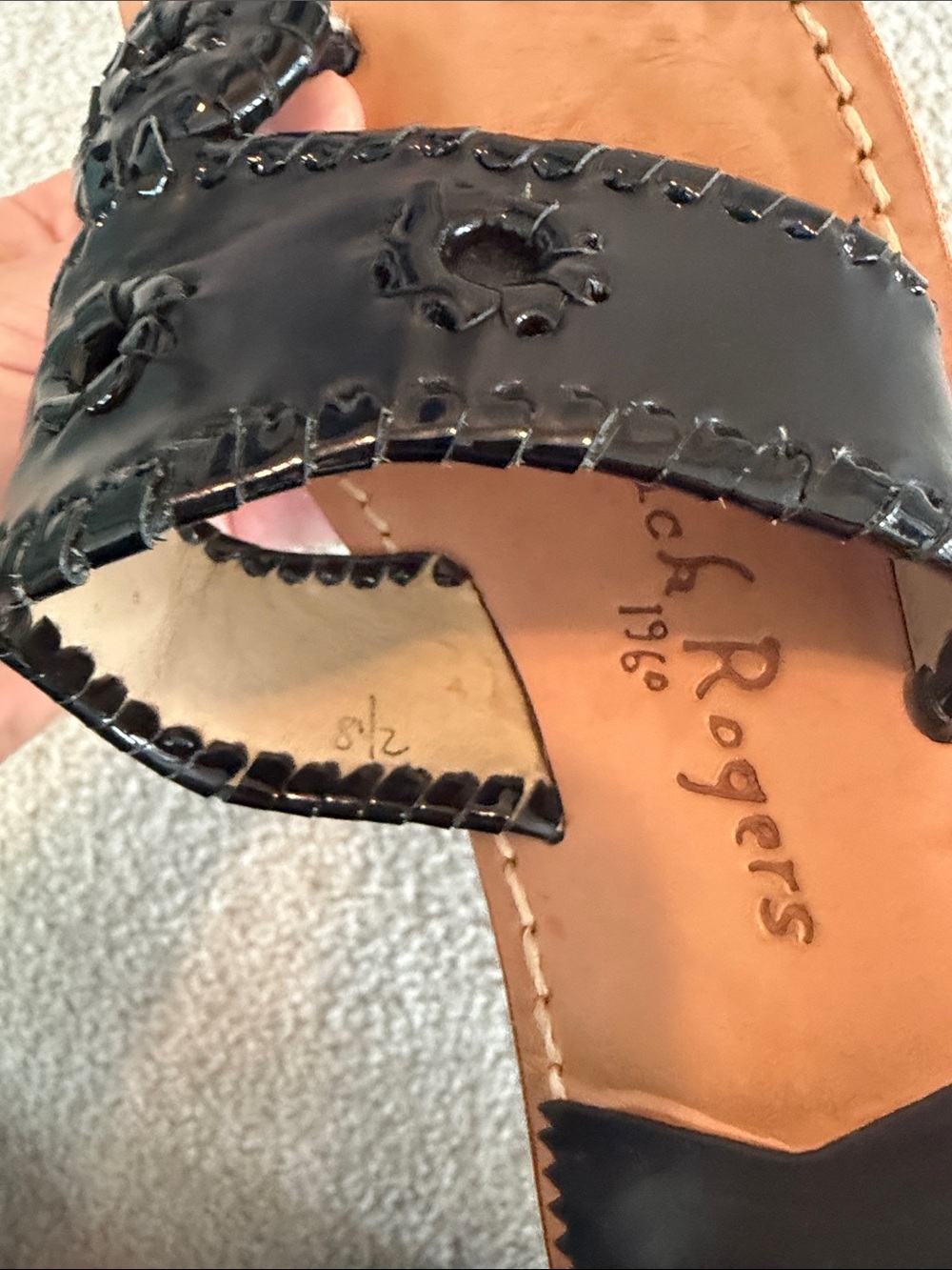 Jack Rogers Black Leather Whipstitched Toe-Ring Sandals - Picture 6 of 10